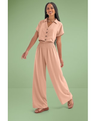 Calça Pantalona Tecido Crepe Cereja Rosa