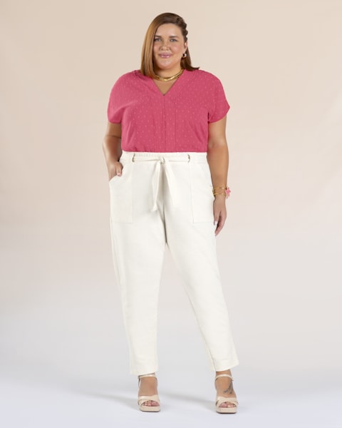 Calça Plus Size em Moletinho com Cinto - Cereja Rosa - Off White