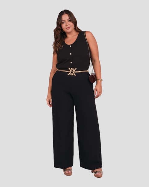 Calça Plus Size Pantalona em Viscose Cereja Rosa Preto