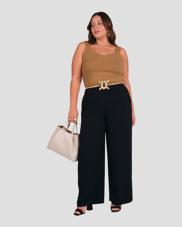 Calça Plus Size Pantalona em Viscose Cereja Rosa Preto