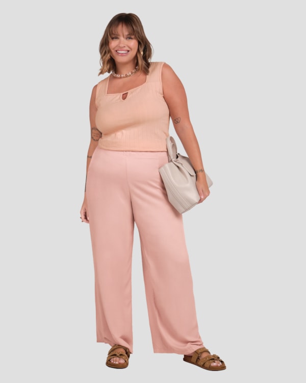 Calça Plus Size Pantalona em Viscose Cereja Rosa Rosê