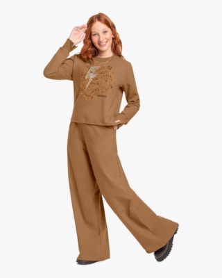 Calça Wide Leg em Moletinho Gengibre Cereja Rosa