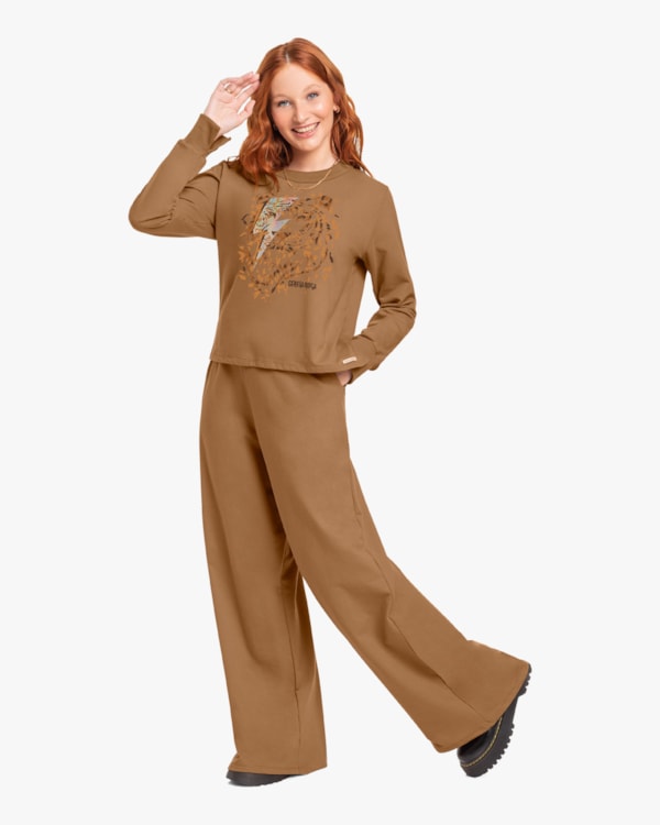 Calça Wide Leg em Moletinho Gengibre Cereja Rosa