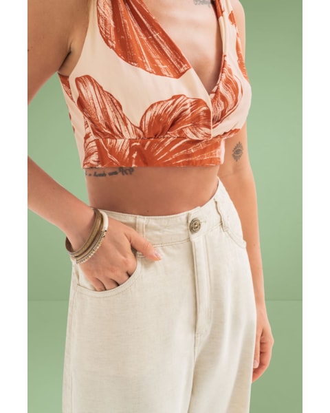Calça Wide Leg em Sarja e Linho Cereja Rosa