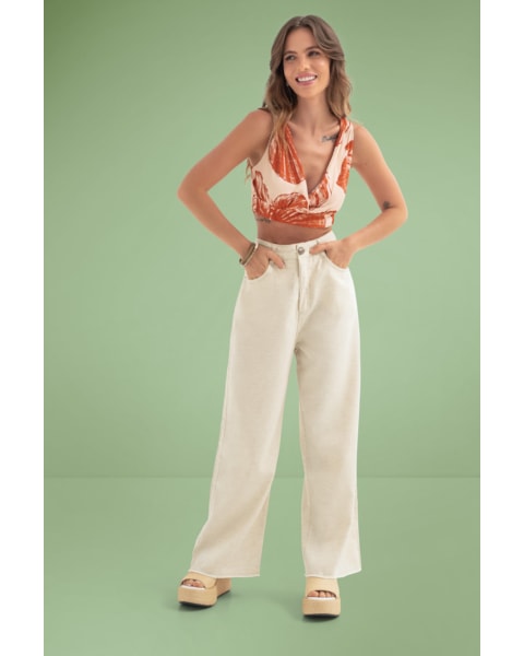 Calça Wide Leg em Sarja e Linho Cereja Rosa
