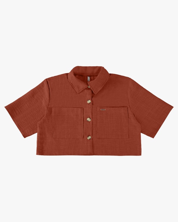 Camisa Cropped em Tecido Plano Linen - Cereja Rosa - Cerâmica G