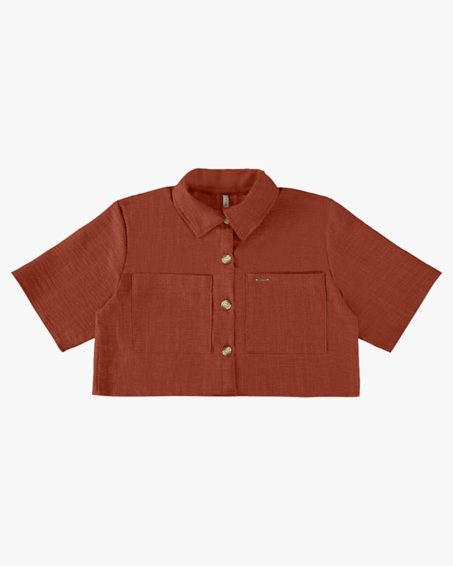 Camisa Cropped em Tecido Plano Linen - Cereja Rosa - Cerâmica G-c8761e91-2a18-4169-a31a-934d4adb8a3c