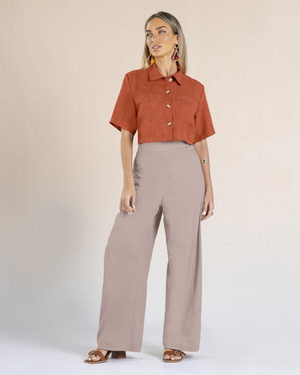Camisa Cropped em Tecido Plano Linen - Cereja Rosa - Cerâmica G