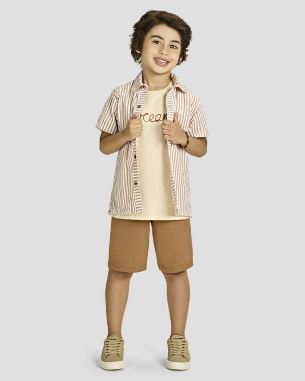 Camisa Infantil Menino em Tecido Tricoline - ReiRex - Bege