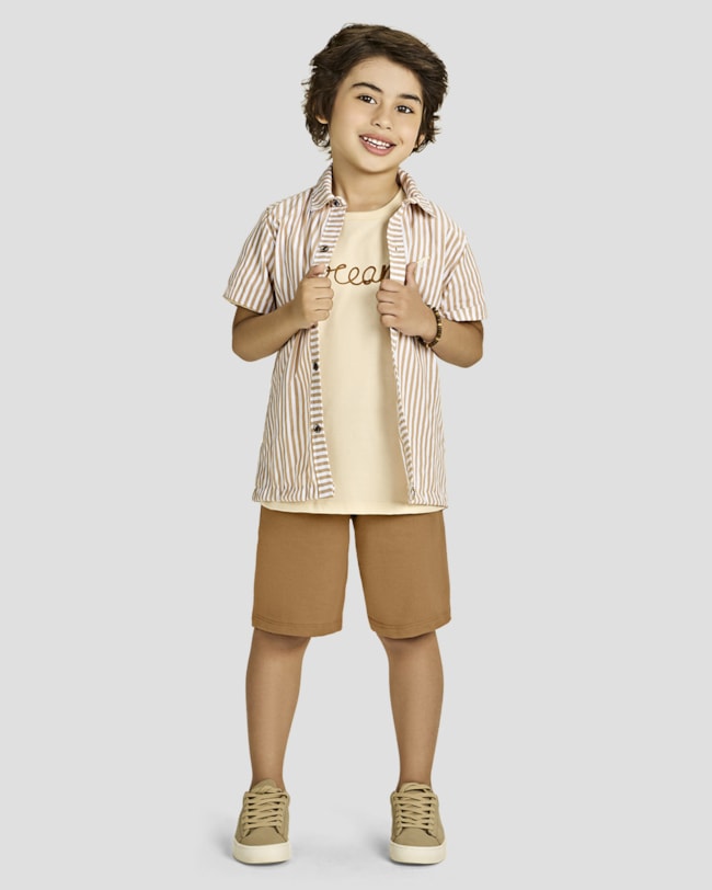 Camisa Infantil Menino em Tecido Tricoline - ReiRex - Bege-392108cc-8405-47d9-bdec-8fb238ad62e3