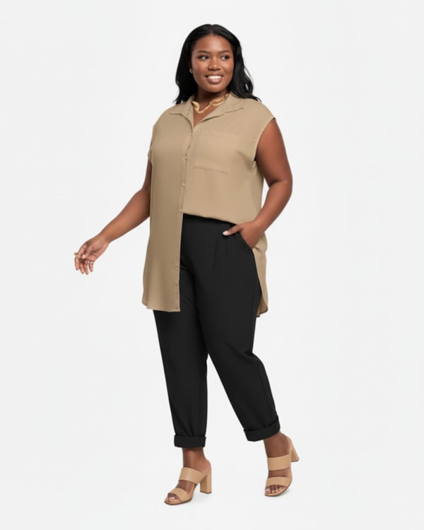 Camisa Long Feminina Plus Size em Viscose Linho - Cereja Rosa - Macchiato