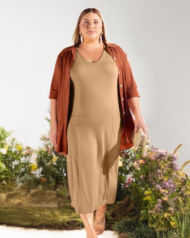 Camisa Long Plus Size Feminina em Viscose Linho- Cereja Rosa - Cerâmica  P-5e2c8840-ba56-4070-9ed1-2faaf7e73384