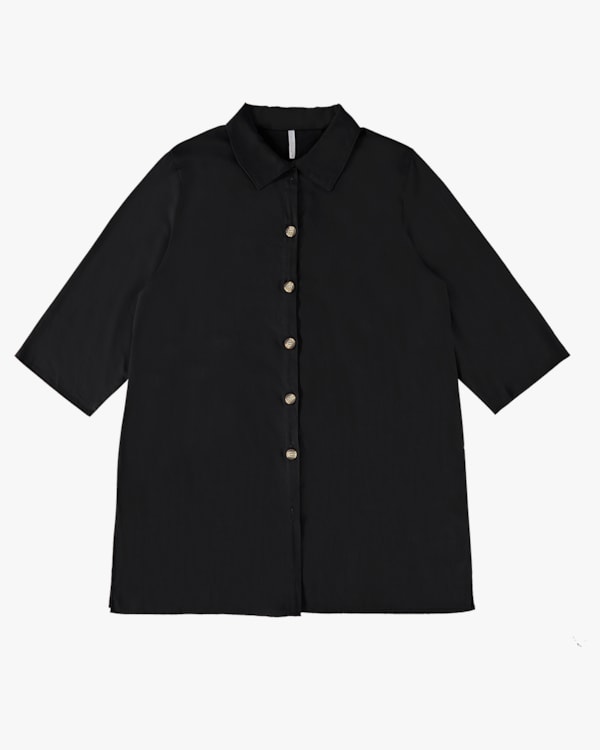 Camisa Long Plus Size Feminina em Viscose Linho- Cereja Rosa - Preto  P