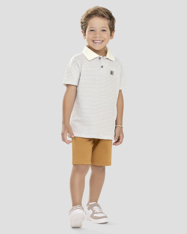 Camisa Polo Infantil Menino em Malha Listrada ReiRex Branco