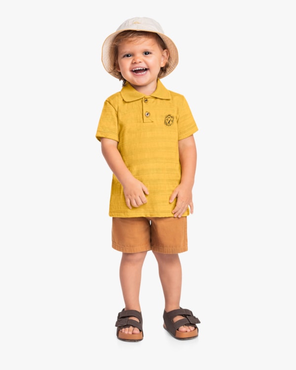 Camisa Polo Infantil Menino em Meia Malha Trabalhada - ReiRex - Mostarda