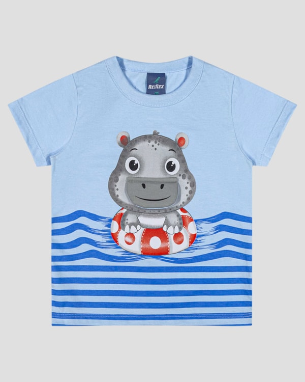 Camiseta Bebê Menino com Hipopótamo Interativo ReiRex Azul