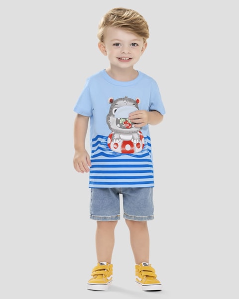 Camiseta Bebê Menino com Hipopótamo Interativo ReiRex Azul