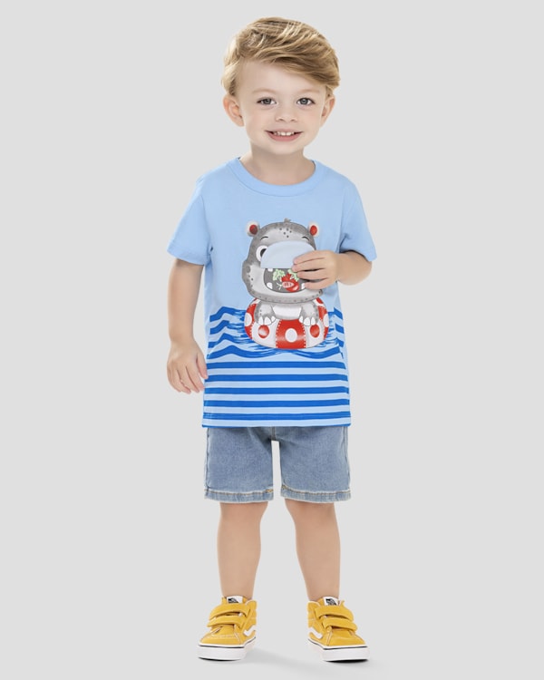 Camiseta Bebê Menino com Hipopótamo Interativo ReiRex Azul