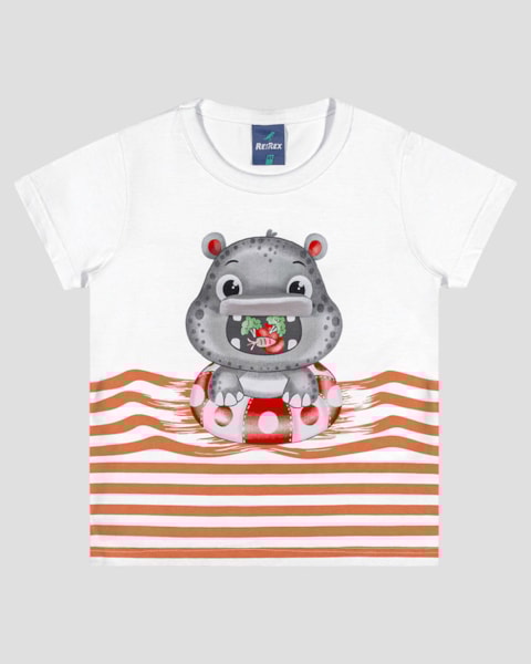 Camiseta Bebê Menino com Hipopótamo Interativo ReiRex Branco