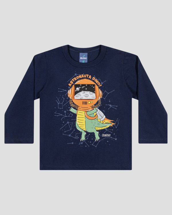 Camiseta Bebê Menino Manga Longa Dino Astronauta - ReiRex - Azul