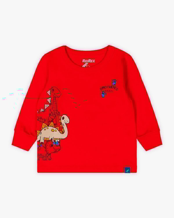 Camiseta Bebê Menino Manga Longa Estampa Dinossauro - ReiRex - Vermelho