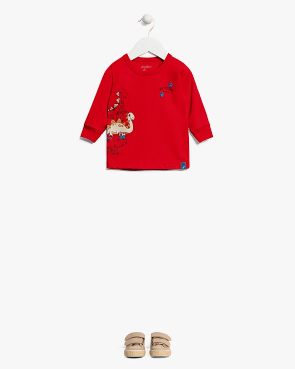 Camiseta Bebê Menino Manga Longa Estampa Dinossauro - ReiRex - Vermelho