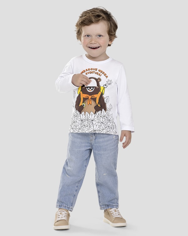 Camiseta Bebê Menino Manga Longa Estampa Urso - ReiRex - Branco