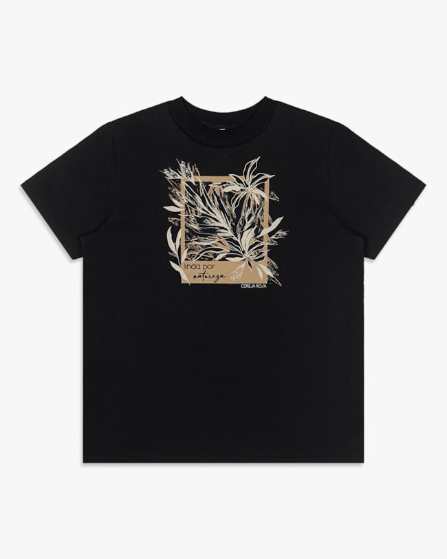 Camiseta Feminina com Estampa e Retilínea - Cereja Rosa - Preto-79657a56-80e0-4419-bd3c-87cfaba1a51a