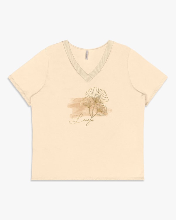 Camiseta Feminina Plus Size  com Decote V Retilínea - Cereja Rosa - Tapioca