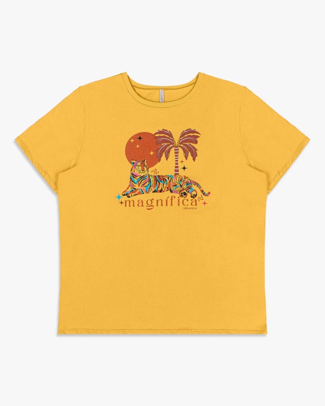 Camiseta Feminina Plus Size com Estampa - Cereja Rosa - Mostarda-50e51f34-d13e-4074-9fa7-37f71f5f0c7e