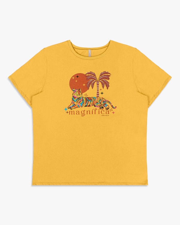 Camiseta Feminina Plus Size com Estampa - Cereja Rosa - Mostarda