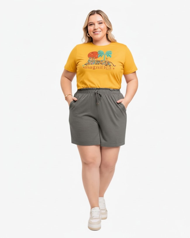 Camiseta Feminina Plus Size com Estampa - Cereja Rosa - Mostarda-493157d5-d92c-4feb-b670-2b96897203c9