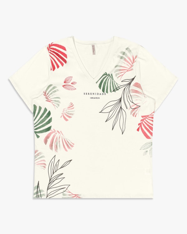Camiseta Feminina Plus Size Decote V c - Cereja Rosa - Natural