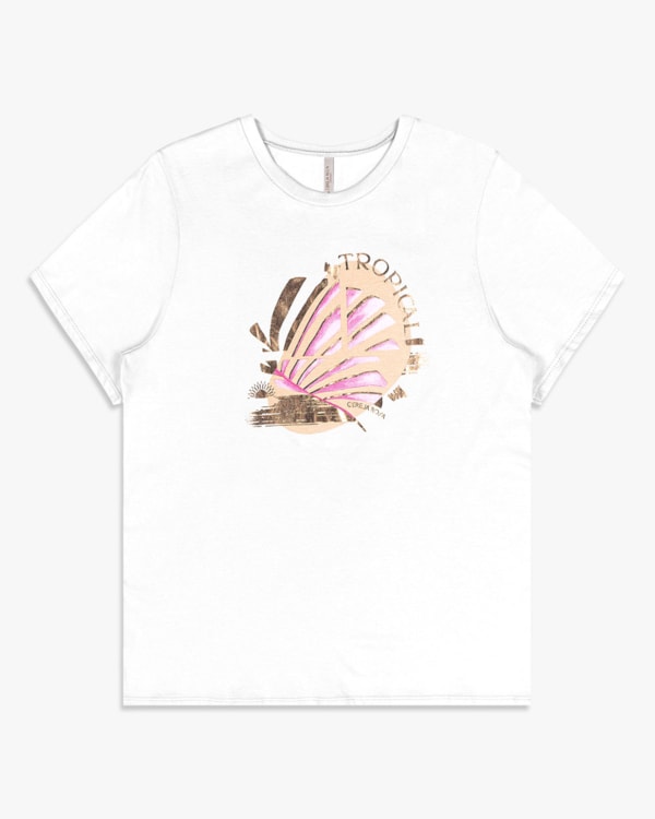Camiseta Feminina Plus Size Estampa Tropical - Cereja Rosa - Branco