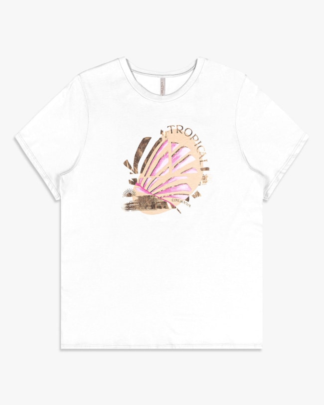 Camiseta Feminina Plus Size Estampa Tropical - Cereja Rosa - Branco-d7553a38-283b-44b4-b844-bac71cb1c503