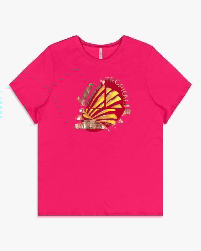 Camiseta Feminina Plus Size Estampa Tropical - Cereja Rosa - Cherry-afc15238-2482-4d63-9f5d-3a01804c6b35
