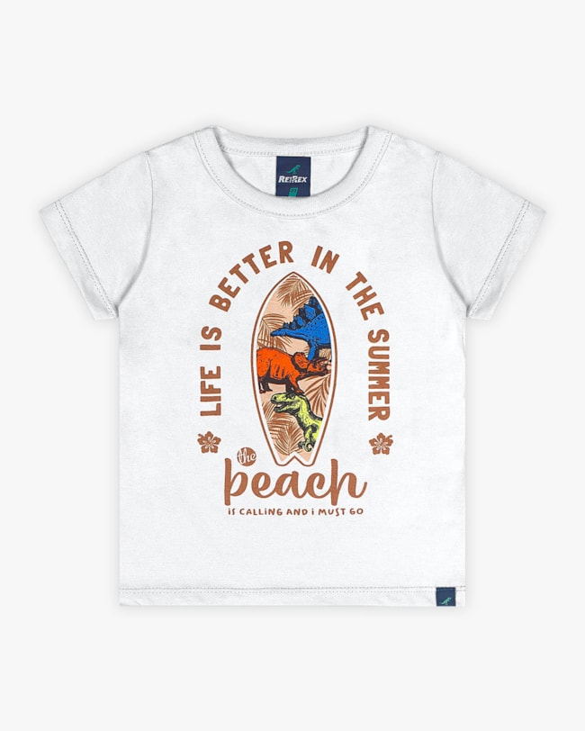 Camiseta Infantil em Meia Malha Estampa Dinossauro - ReiRex - Branco-efaf5f40-ee36-440e-800b-645455e7311f