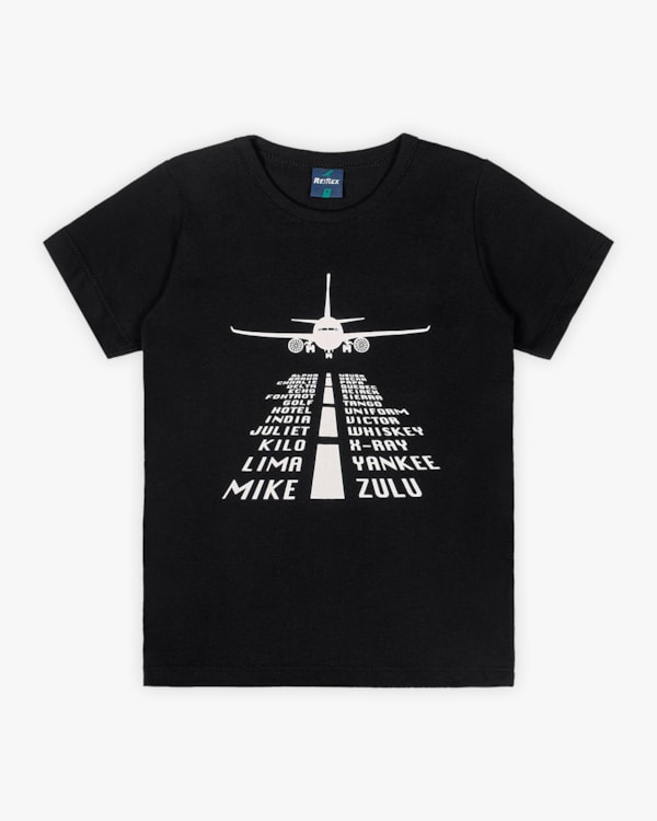 Camiseta Infantil Manga Curta Estampa Decolagem - ReiRex - Preto
