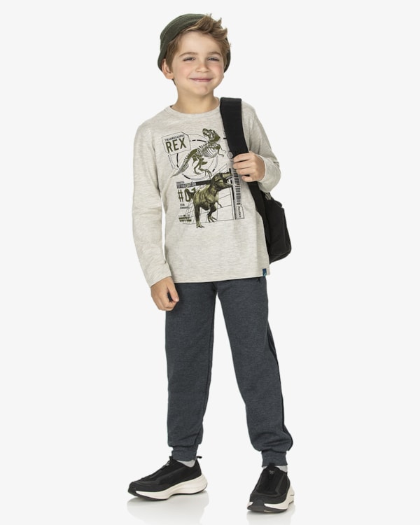 Camiseta Infantil Manga Longa Estampa Dinossauro ReiRex- Mescla