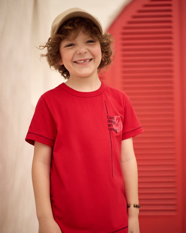 Camiseta Infantil Menino em Meia Malha com Estampa - ReiRex - Tomato
