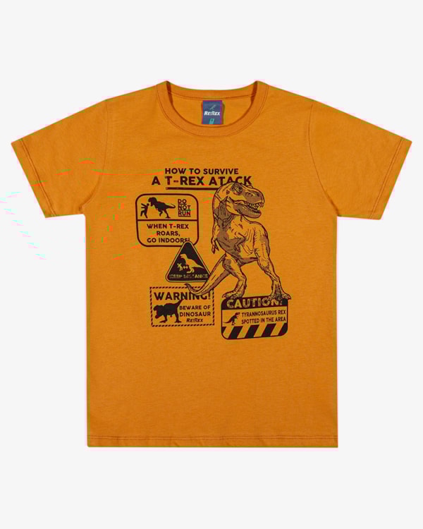 Camiseta Infantil Menino Estampa T-Rex em Meia Malha - ReiRex - Amarelo