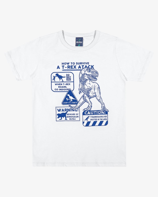 Camiseta Infantil Menino Estampa T-Rex em Meia Malha - ReiRex - Branco
