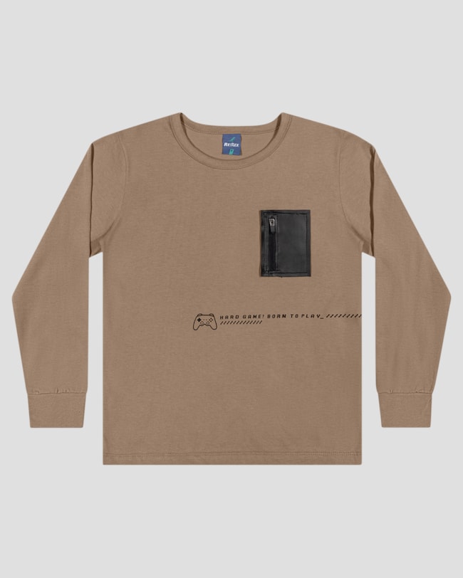 Camiseta Infantil Menino Manga Longa com Bolso - ReiRex - Marrom-ef29486a-a25f-4897-a2c6-5195d15ab33a