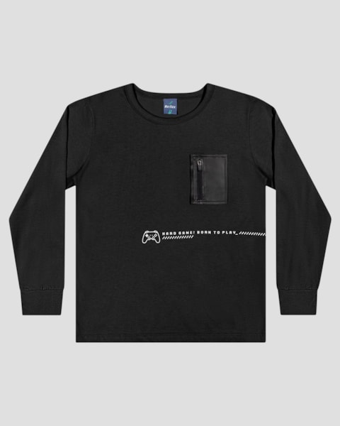 Camiseta Infantil Menino Manga Longa com Bolso - ReiRex - Preto