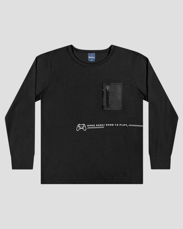 Camiseta Infantil Menino Manga Longa com Bolso - ReiRex - Preto