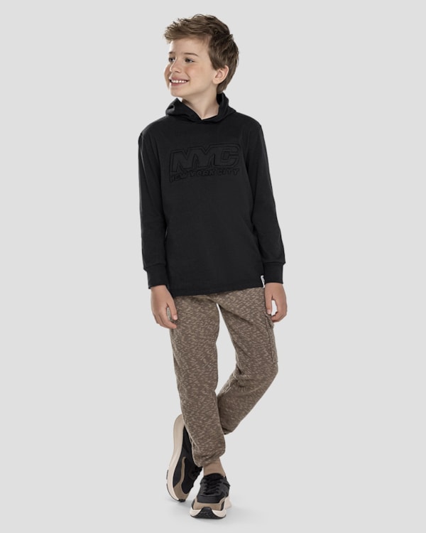 Camiseta Infantil Menino Manga Longa com Capuz - ReiRex - Preto