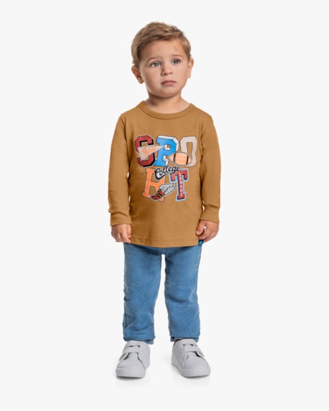 Camiseta Infantil Menino Manga Longa com Estampa Relevo - ReiRex - Marrom