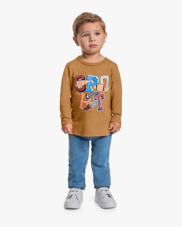 Camiseta Infantil Menino Manga Longa com Estampa Relevo - ReiRex - Marrom