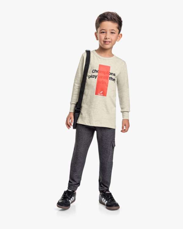 Camiseta Infantil Menino Manga Longa com Estampa Relevo - ReiRex - Mescla