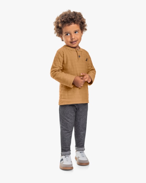 Camiseta Infantil Menino Manga Longa em Algodão - ReiRex - Marrom